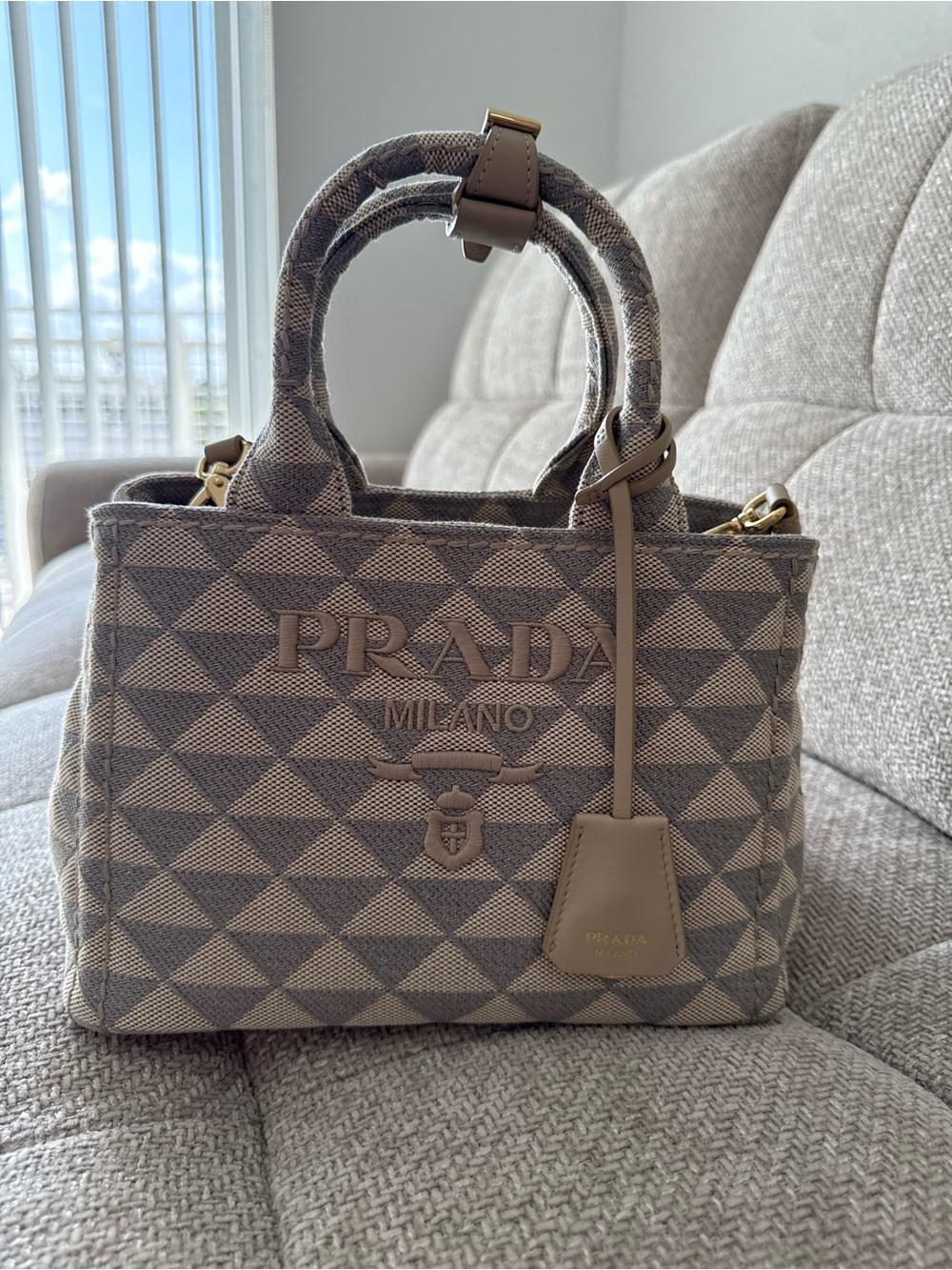 Prada Beige and Gray Geometric Canvas Tote